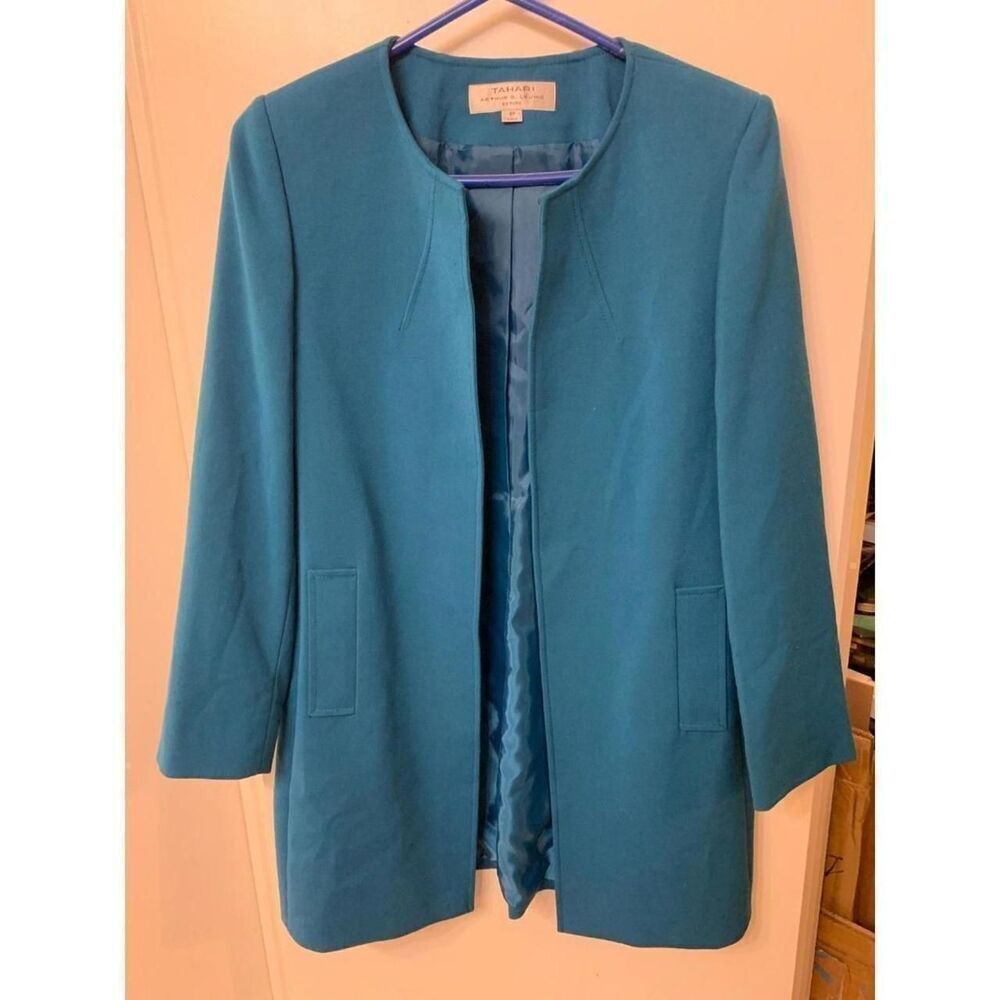 Tahari Arthur S. Levine Womens Blazer Jacket Teal Size 8P Career Workwear